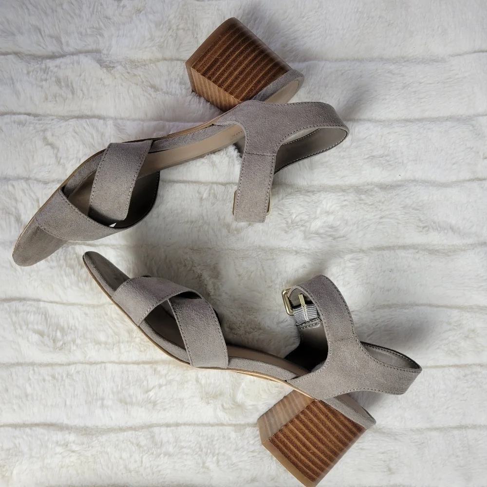 14th & UNION // taupe grey suede adjustable ankle strap heeled sandals